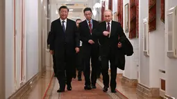 Presiden China Xi Jinping telah tiba di Moskow pada Senin (20/3/2023).  (Grigory Sysoyev, Sputnik, Kremlin Pool Photo via AP)