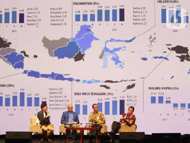 Chief Economist PT BNI Tbk Ryan Kiryanto (kanan) bersama Managing Director Head of Digital Banking & Deputy Head of Consumer Banking Group PT Bank DBS Indonesia Leonardo Koesmanto dan Direktur PT BRI Indra Utoyo berdiskusi dalam IDC 2019 di Jakarta, Kamis (28/11/2019) . (Liputan6.com/Angga Yuniar)