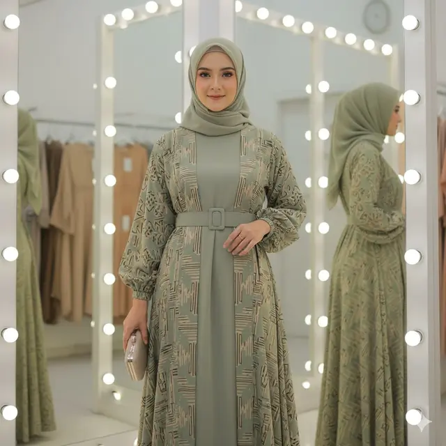 Gamis Cardy Batik Lengan Bishop Warna Olive