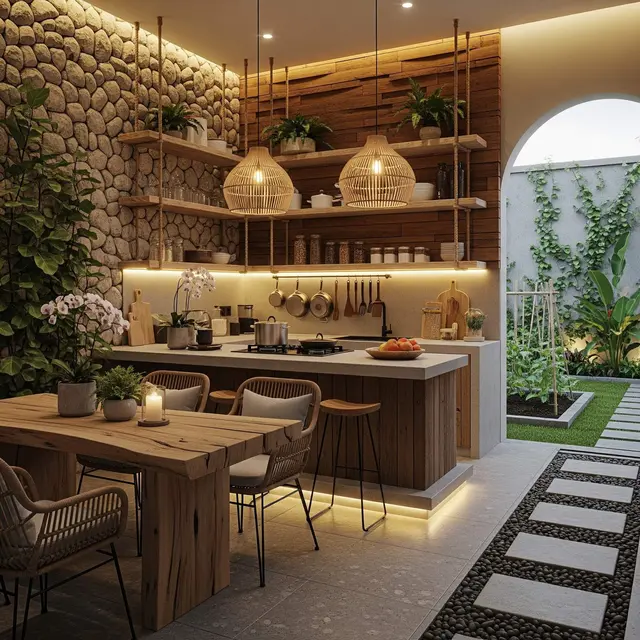 Ide Dapur Semi Outdoor dengan Taman Belakang