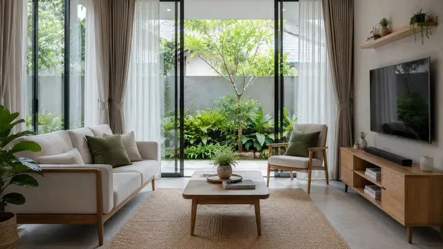 Desain Ruang Tamu dengan Dinding Kaca untuk Rumah Sederhana yang Sempit/AI Generated