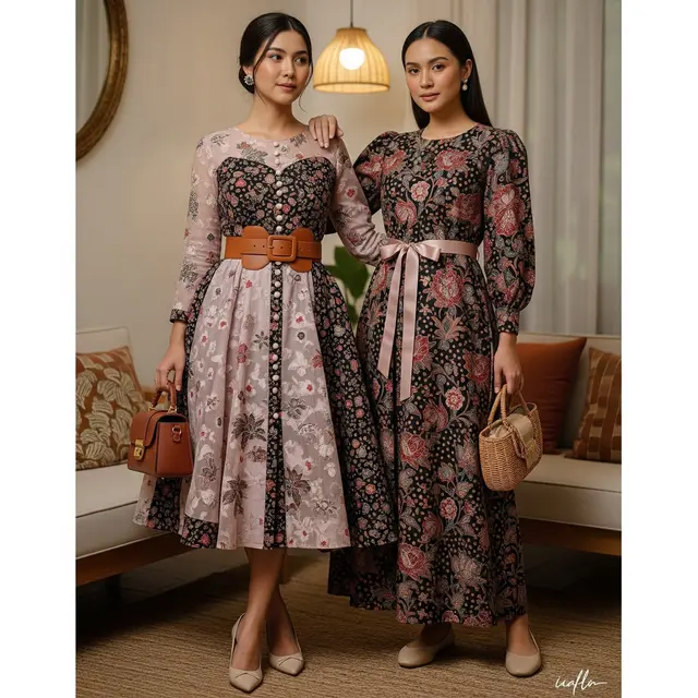 Inspirasi Outfit Dress Batik Kombinasi Brokat Sabuk Pinggang Elegan. Foto: Gemini