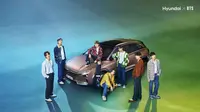 SUV berbahan bakar hidrogen dari Hyundai Motor, NEXO dengan BTS (dari kiri ke kanan):  Jin, RM, Jimin, Jung Kook, j-hope, V, SUGA. (Dok: Hyundai)