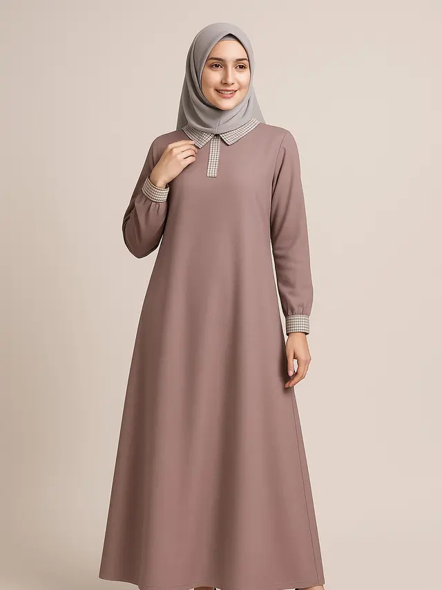 Inspirasi Model Gamis Syari A-Line Kombinasi Polos Terbaru