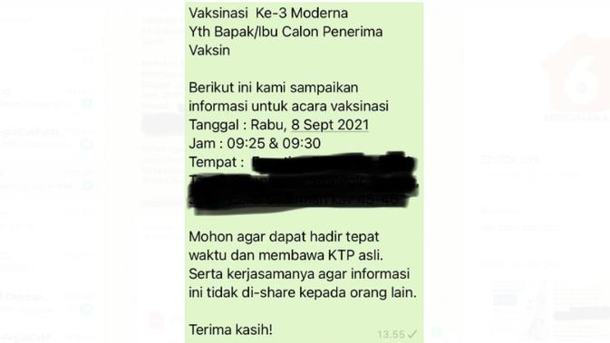 Cek Fakta Liputan6..com menelusuri informasi undangan vaksinasi Moderna dosis ke tiga