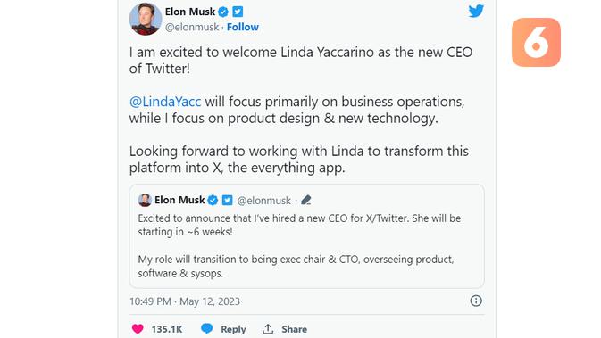 <p>Elon Musk umumkan CEO Baru Twitter: Linda Yaccarino (Foto: Twitter @elonmusk).</p>