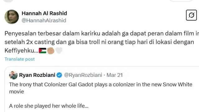 Penyesalan Hannah Al Rashid Gagal Casting di Film Snow White, Tak Bisa Provokasi Gal Gadot Soal Palestina