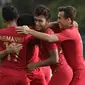 Sejumlah penggawa Timnas Indonesia U-22 merayakan gol ke gawang Laos yang dicetak oleh Osvaldo Haay. (Bola.com/M. Iqbal Ichsan)