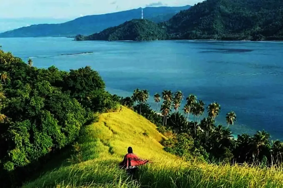 Seorang wisatawan asyik menikmati pemandangan Pulau Diyonumo, Kabupaten Gorontalo Utara. (Liputan6.com/Aldiyansyah Mohammad Fahrurozy)