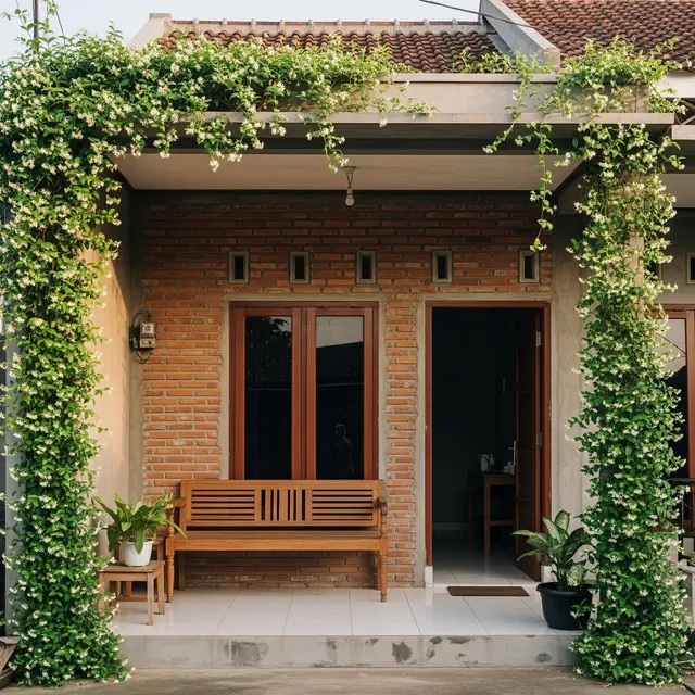 6 Desain Teras Rustic dengan Pot Tanaman Rambat yang Menjalar ke Atap, Kesejukan Alami