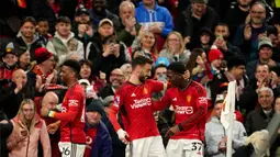 Berlaga di markas sendiri, Manchester United berhasil membukukan kemenangan 4-2 atas Sheffield United. (AP Photo/Dave Thompson)