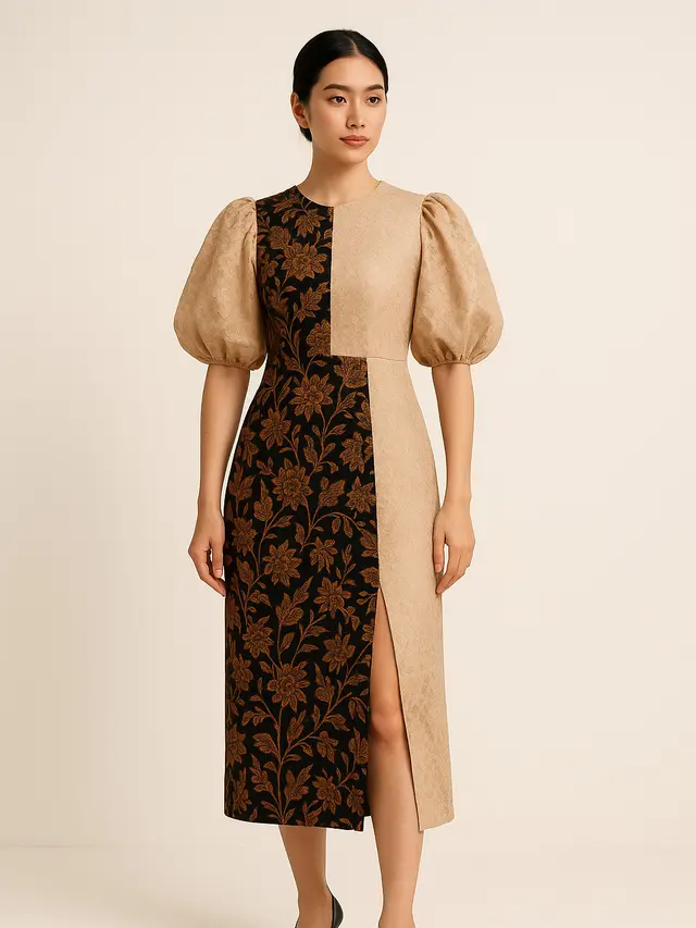 Dress Batik Kombinasi Brokat Belah Samping