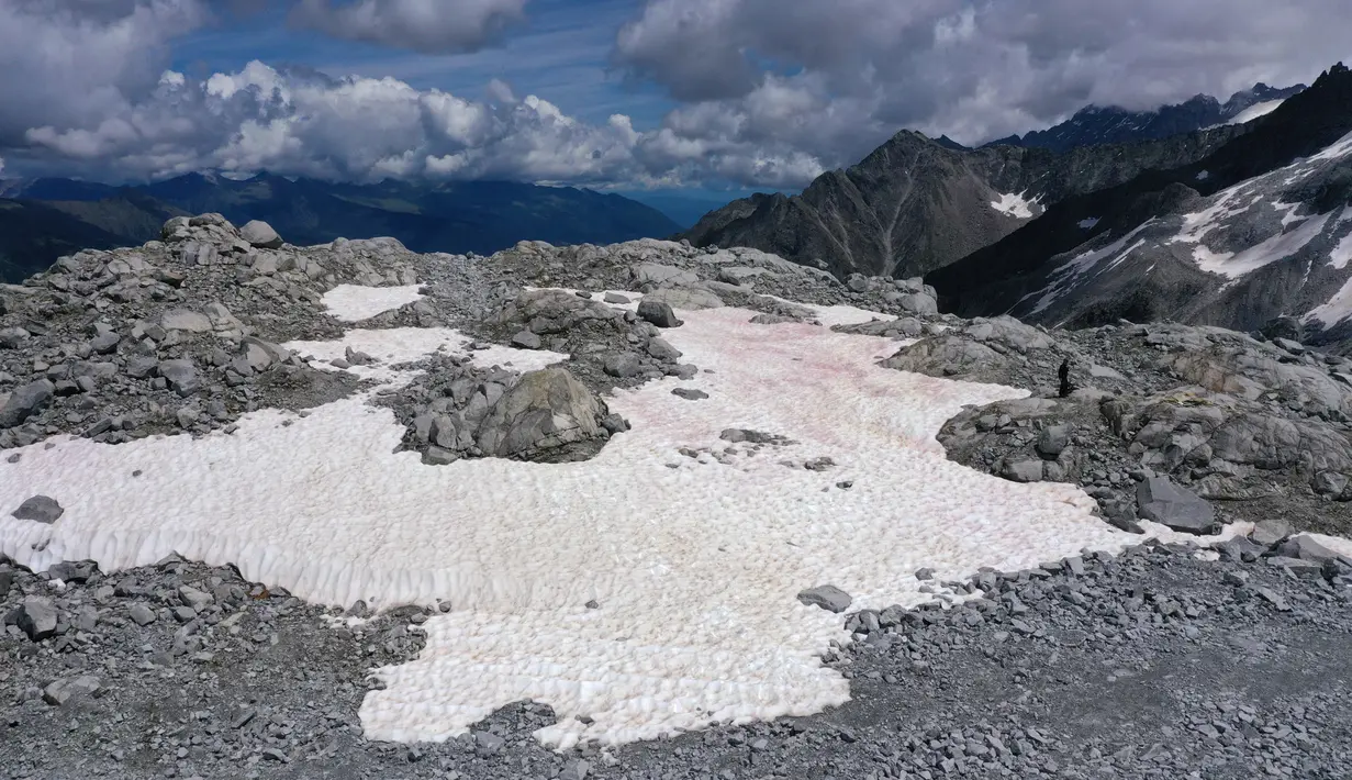 Foto udara pada 3 Juli 2020 di atas gletser Presena dekat Pellizzano, Italia menunjukkan salju berwarna pink atau merah muda. Para ilmuwan di Italia kini tengah meneliti penampakan misterius es pink atau merah muda di Pegunungan Alpen yang diduga disebabkan alga. (Photo by Miguel MEDINA / AFP)