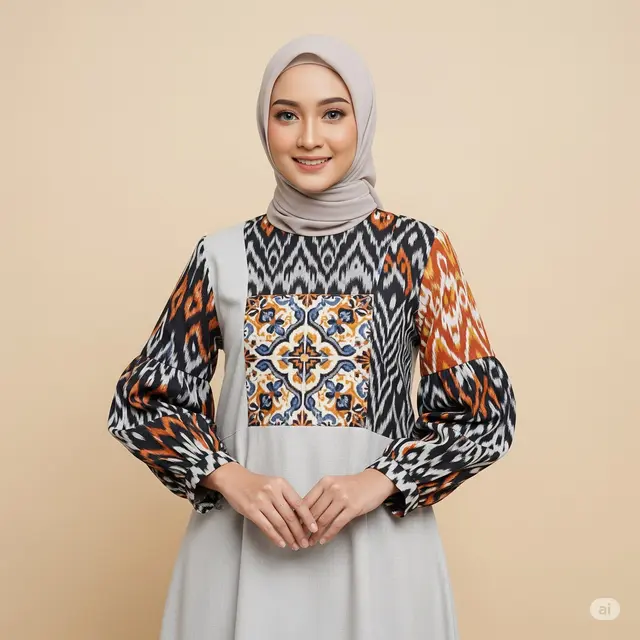 Model Gamis Tenun Kombinasi Polos. Foto: Gemini