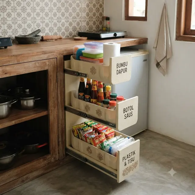 Inspirasi rak penyimpanan dari galon bekas untuk dapur mungil model geser