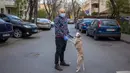 George Popa (51) berpose dengan anjing Ziggy (7) saat perjalanan di Bucharest (28/3/2020). Undang-undang militer, yang disahkan pemerintah Rumania untuk mengurangi penyebaran virus corona, menyatakan berjalan bersama anjing adalah salah satu  kegiatan yang masih diizinkan. (AFP/Andrei Pungovschi)
