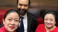 Elite Nasdem mengunggah poto Megawati, Surya Paloh, dan Puan Maharani di akun media sosialnya. (Liputan6.com/Delvira Hutabarat)