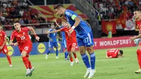 Kapten Timnas Italia, Ciro Immobile pada pertandingan kualifikasi Euro 2024 kontra Macedonia Utara hari Minggu (10/09/2023) dini hari WIB. (Robert ATANASOVSKI / AFP)