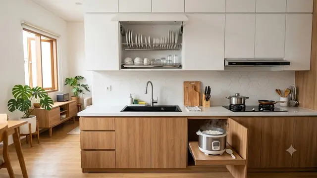 Kitchen Set Minimalis Linear dengan Rak Piring Tarik di Kabinet Atas