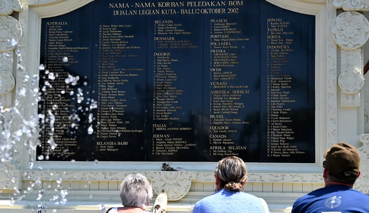 Turis-turis asing mengunjungi Monumen Ground Zero Bali menjelang peringatan 17 tahun serangan bom di Kuta, Bali (11/10/2019). 12 Oktober 2019, tepat 17 tahun terjadinya peristiwa Bom Bali yang menewaskan 202 korban jiwa. (AFP Photo/Sonny Tumbelaka)