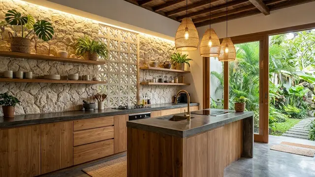 Desain Dapur Bergaya Tropis Modern Kombinasi Roster dan Batu Alam