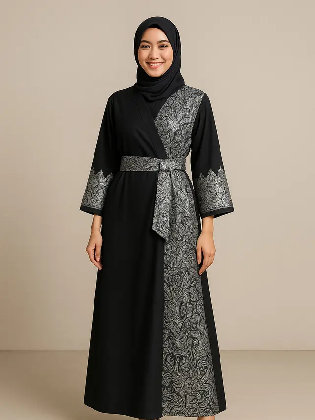 Model Gamis Batik Kombinasi Hitam Polos dan Silver/Ilustrasi AI