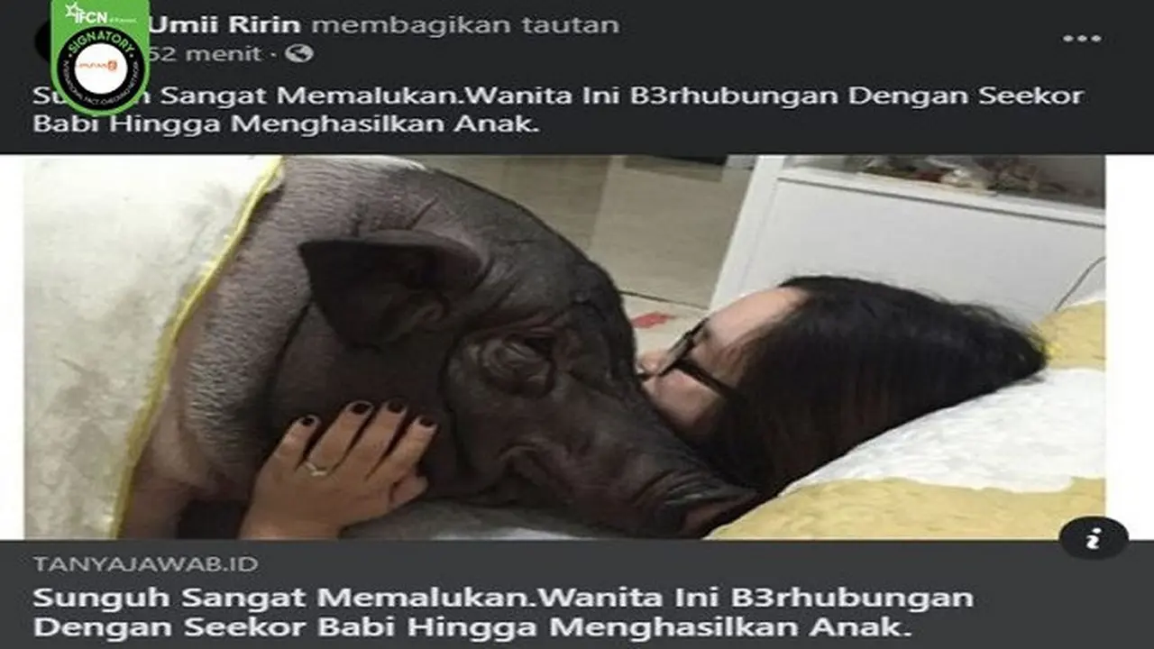 Gambar Tangkapan Layar Kabar Hoaks tentang Wanita Berhubungan dengan Babi hingga Menghasilkan Anak (sumber: facebook)