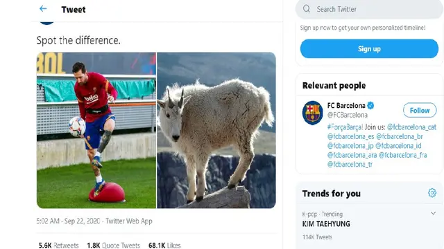 Akun Twitter Barcelona mengunggah foto Lionel Messi dan kambing lalu meminta para pengikutnya untuk menemukan perbedaannya