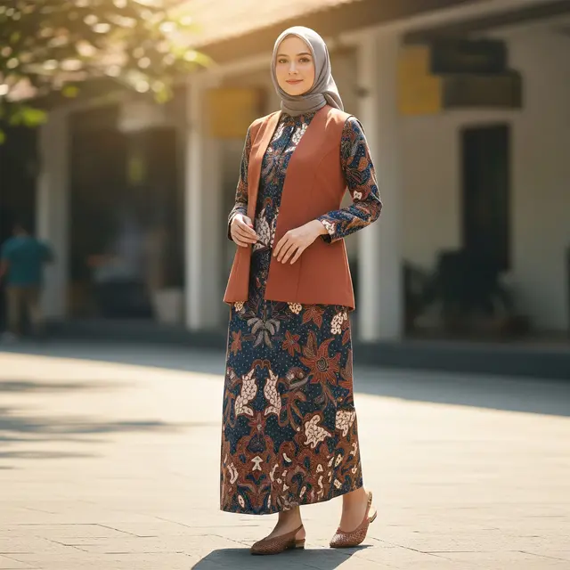 Tren Gamis Batik Hijab dengan Outer Rompi