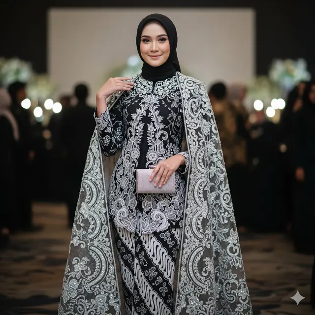 Gamis Batik Cape Detail Silver untuk Tampilan Glamor
