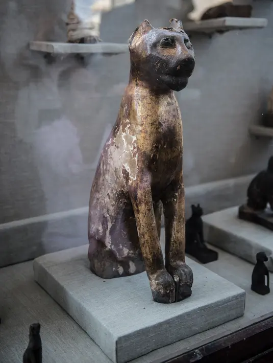 Patung kayu kucing yang ditemukan di sekitar kompleks piramida Raja Userkaf di Saqqara, Giza, Sabtu (10/11). Arkeolog Mesir menemukan 7 makam kuno zaman Firaun berisi puluhan mumi kucing dan patung-patung kayu bergambar hewan lain. (KHALED DESOUKI/AFP)