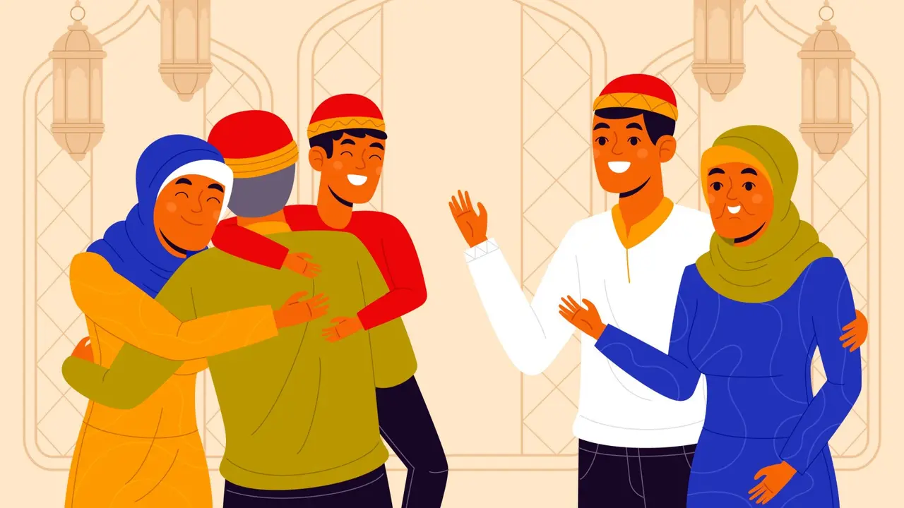Ilustrasi keluarga muslim, reuni keluarga, acara keluarga, reuni keluarga