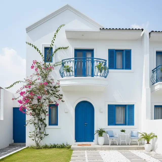 Desain Rumah Type 36 Ala Villa Santorini dengan Sentuhan Putih Biru