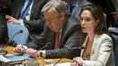Artis Angelina Jolie berbicara pada sidang Dewan Keamanan PBB di New York, AS (25/4/2015). Angelina Jolie sebagai utusan PBB untuk pengungsi (UNHCR) meminta negara-negara maju untuk membantu pengungsi Suriah. (REUTERS/Lucas Jackson)