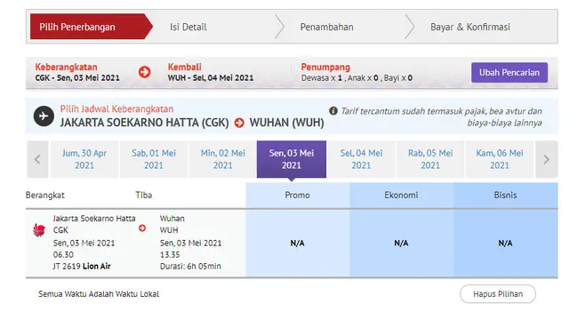 Penerbangan Lion Air Jakarta-Wuhan. Website Lion Air