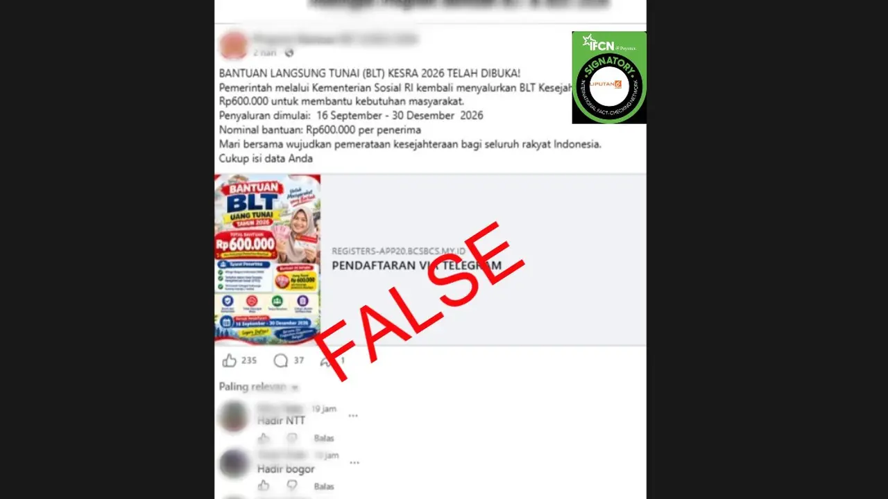 Cek Fakta Liputan6.com mendapati klaim link untuk pendaftaran BLT Kesra 2026 sebesar Rp 600.000 melalui Telegram.