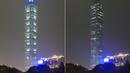 <p>Kombinasi foto ini menunjukkan Taipei 101, gedung komersial setinggi 508 meter, dengan lampu menyala dan mati selama kampanye lingkungan Earth Hour di Taipei pada 25 Maret 2023. (Photo by Sam Yeh / AFP)</p>