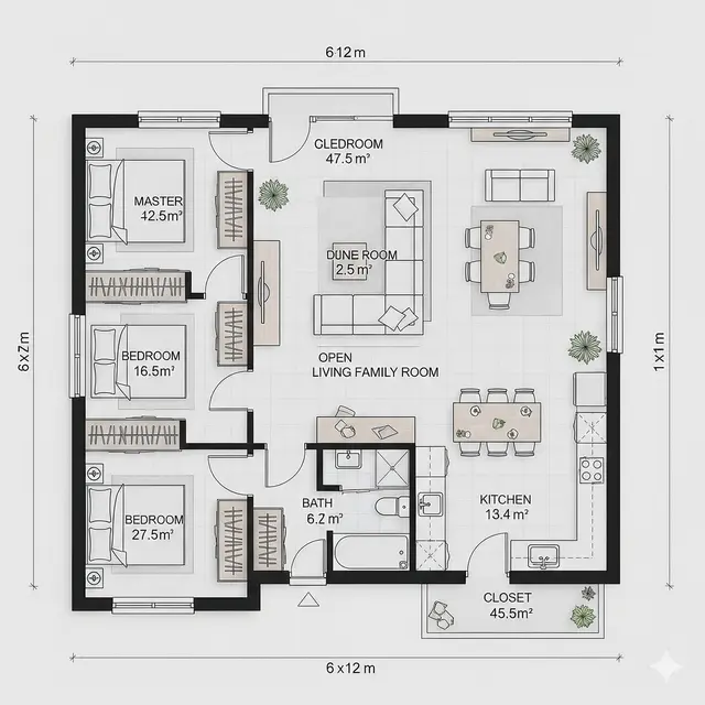 Denah Rumah Sederhana 6x12 3 Kamar.