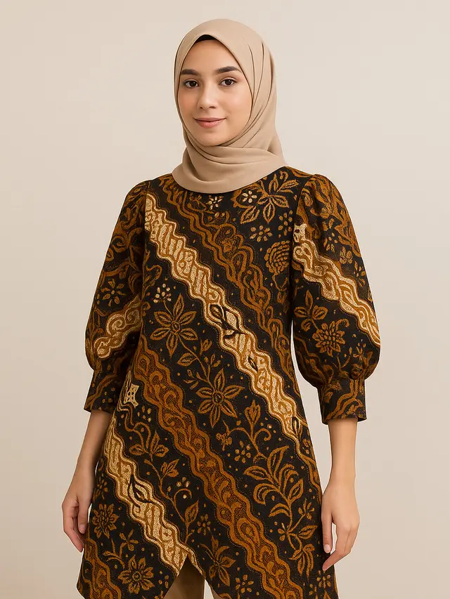 Tunik Batik Katun Belah Samping Lengan Puff