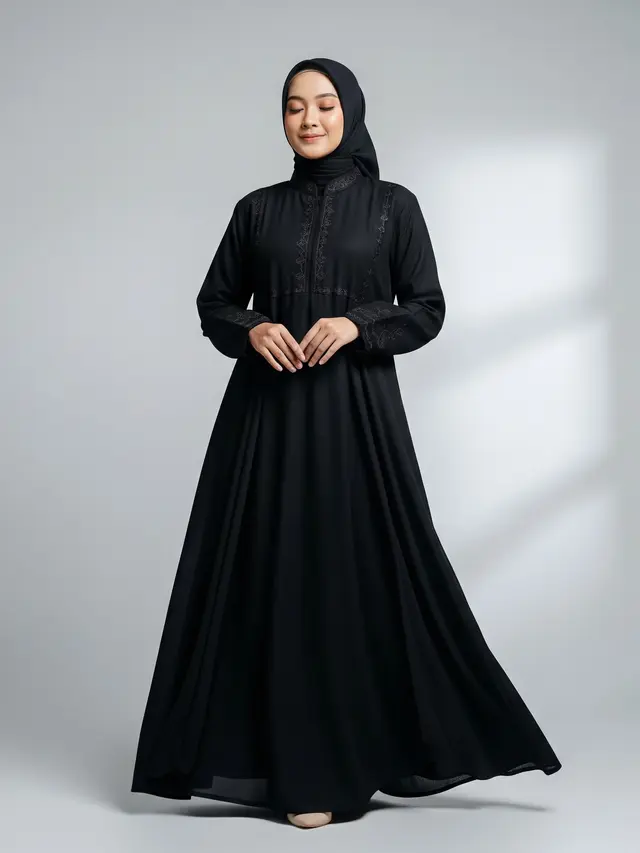 Gamis Rayon Kombinasi Hitam dengan Jatuh Elegan