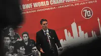 Presiden BWF Poul-Erik Hoyer memberikan sambutan sebelum pengundian Kejuaraan Dunia Bulu Tangkis Dunia 2015 di Museum Bank Indonesia, Jakarta Pusat, 28 Juli 2015 (Liputan6.com/Herman Zakharia).