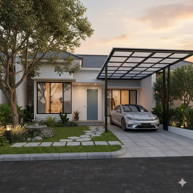 Desain Rumah Tipe 36 dengan Kanopi Mobil dan Halaman Depan