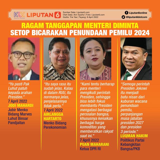 Infografis Ragam Tanggapan Menteri Diminta Setop Bicarakan Penundaan Pemilu 2024. (Liputan6.com/Trieyasni)