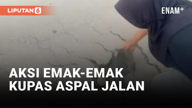 Emak-emak di Langkat Kupas Aspal Jalan Diduga Asal Dikerjakan