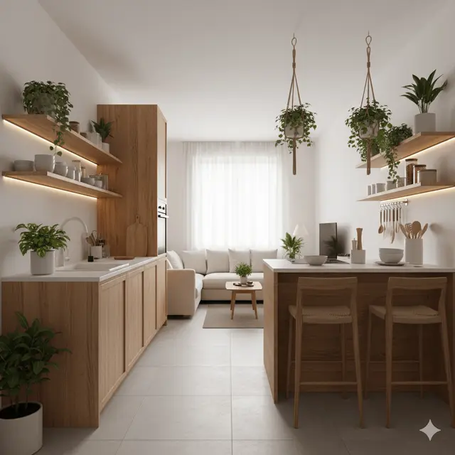 Dapur Rumah Sempit Tanpa Sekat dengan Konsep Terbuka. Gemini