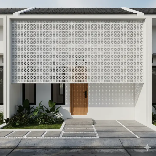 Kombinasi Roster dan Dinding Putih untuk Tampak Depan Rumah Minimalis