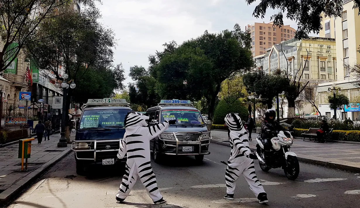 Warga berpakaian seperti zebra saat menyapa pengendara saat program pendidikan di jalan di La Paz, Bolivia,(5/12). (REUTERS/David Mercado)