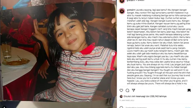 Rindu Berat dengan Laura Anna, Kakak Beber Janji-Janji yang Belum Terpenuhi. (instagram.com/gretairn)