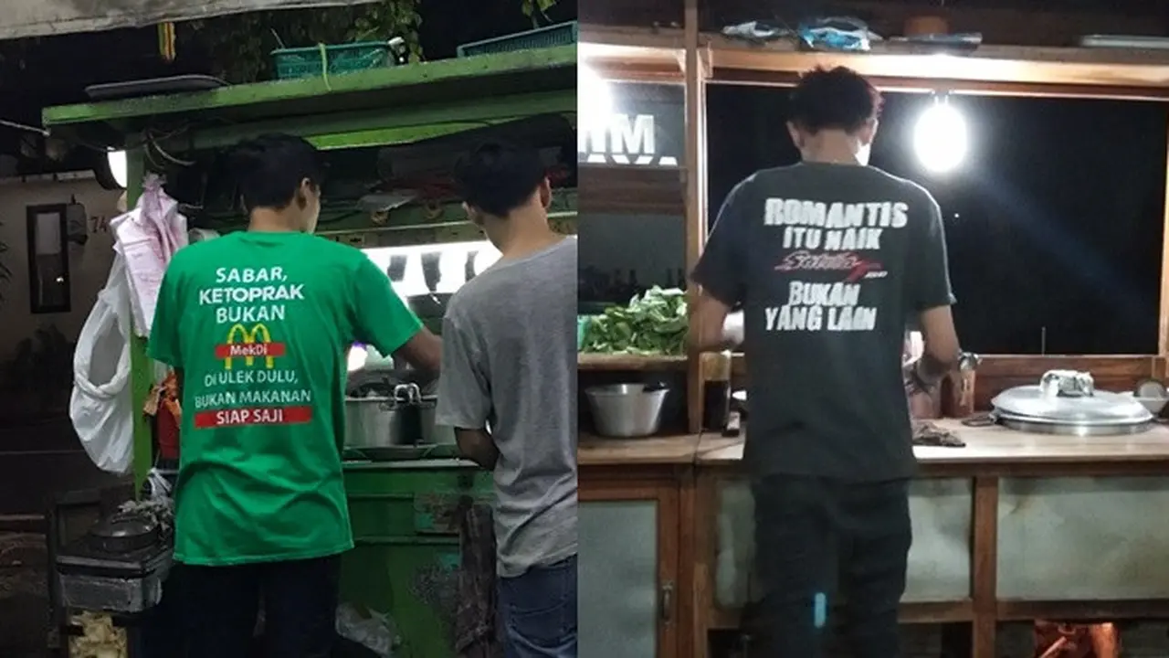 6 Tulisan Nyeleneh di Belakang Baju Pedagang Ini Bikin Pembeli Salah Fokus