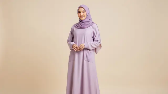 Abaya Warna Pastel dengan Rajutan Waffle di Saku